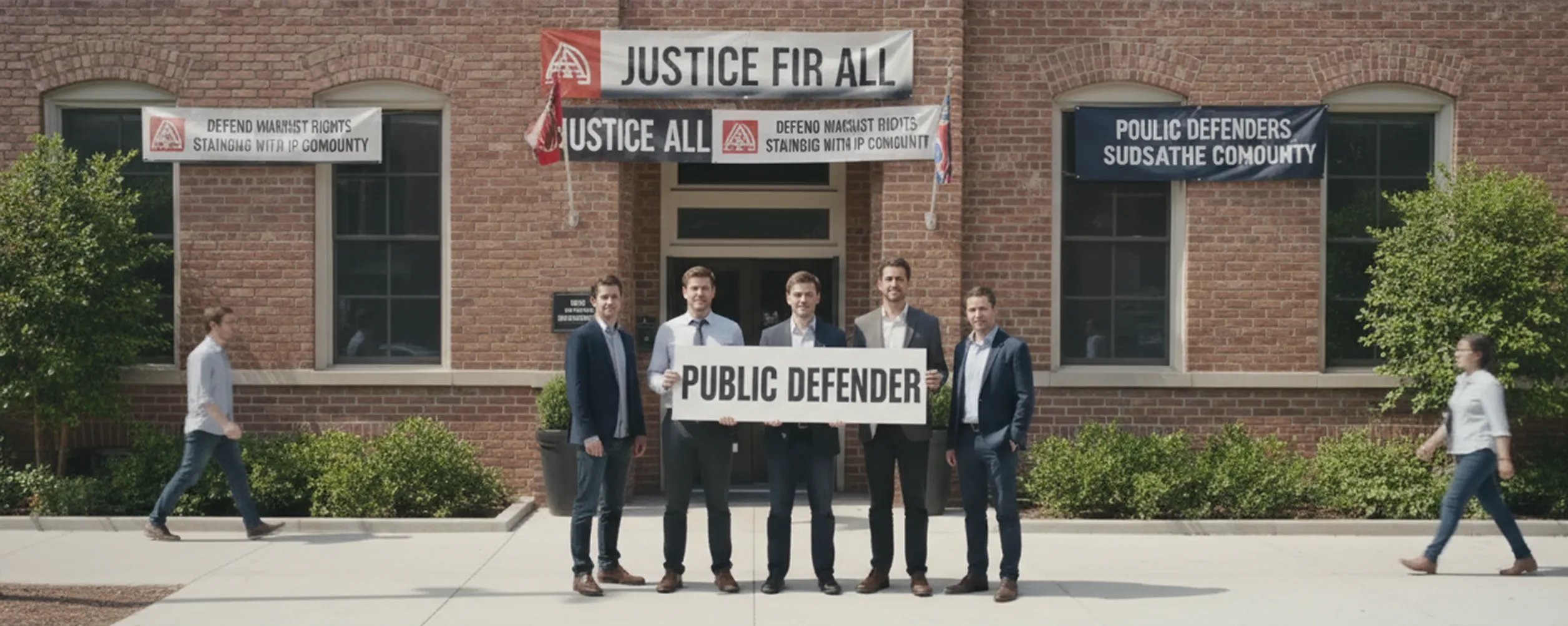 Public defenders standing outside a courthouse.